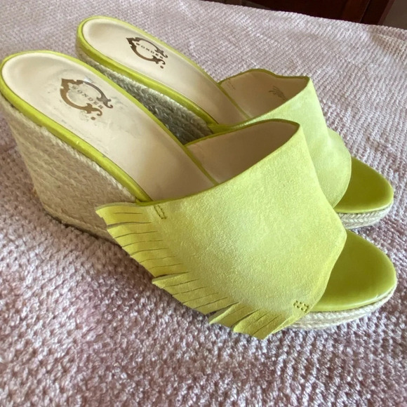 C Wonder Citron Yellow Suede Fringe Freida Espadrille Wedge Sandals 7.5 - Picture 1 of 8